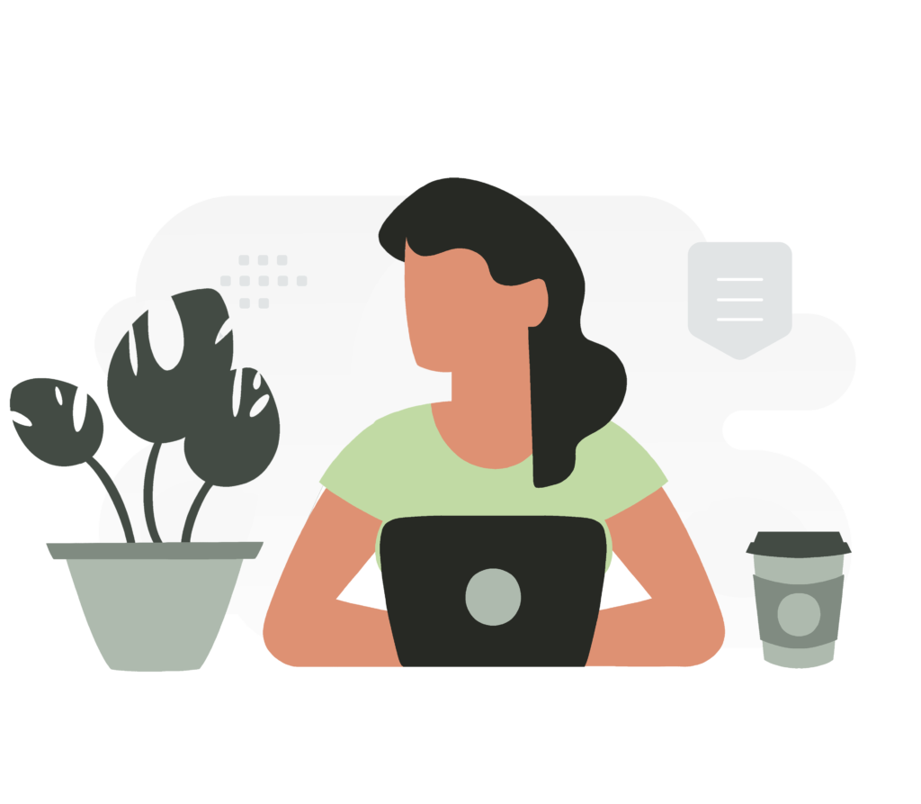 Hero Illustration, woman on laptop with coffee cup and house plant